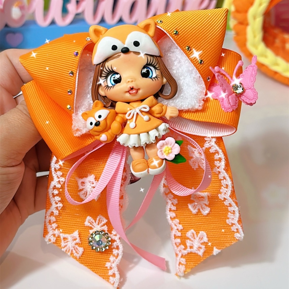 Charming Orange Fox Hair Bow with Doll